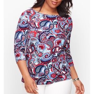 Talbots Plus 2X Paisley Floral Boat Neck 3/4 Sleeve Tee Blue Red White Cotton